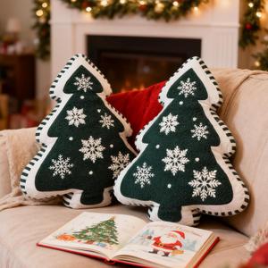 Lanpn Christmas Tree Pillows Set of 2, Christmas Decoration Winter Soft Cute 3D Shaped Xmas Tree Throw Cushion with Snowflake for Sofa Living Room Bedroom Xmas Decor (17x19 inch, Green)