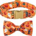 Maca Bates Halloween Dog Collar Spooky Ghost Dogs Collars with Bow Yellow Pumpkin Puppy Colar with Bowtie Adjustable Birthday Gift for XS Small Medium Large XL Girls Boys Male Female Dogs Pet