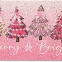 Pink Coquette Bow Christmas Tree Door Mat Outside Entrance, Preppy Xmas Tree Welcome Mats for Front Door, Merry Christmas Winter Doormat for Outdoor Indoor Entryway, 17x30 Inches