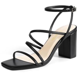 DREAM PAIRS Women's Heels Chunky Block Strappy Square Open Toe Ankle Buckle Heeled Sandals Wedding Party Dress Shoes Indie (8.5, Black)