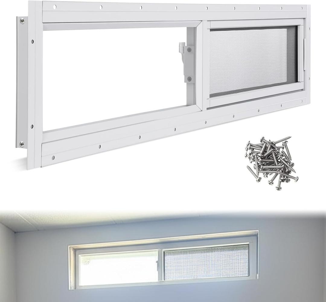 Kathfly 1 Pack Basement Home Window 36" x 8" Mini Basement Windows Replacement with Glass Block Screen and Screws for Home Sheds Barns (White)