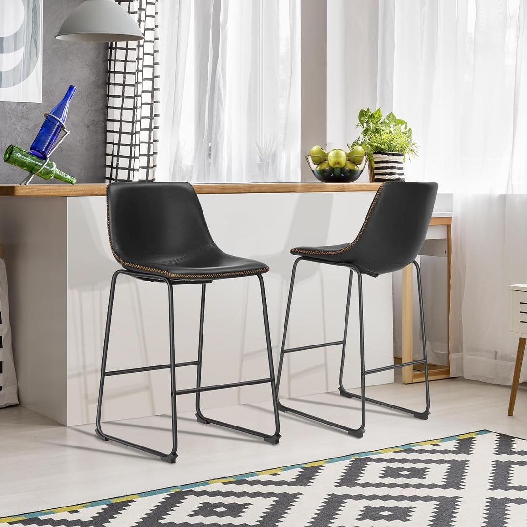 Yapamar Armless Industrial Faux Leather Barstools with Metal Legs and Footrest, Dining Chairs for Home Office Kitchen Island,2 PackBlack,40" (30 inch)