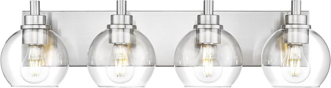 Bathroom Light Fixtures, 4 Light Brushed Nickel Vanity Light, 26 Inch Modern Wall Sconces with Globe Clear Glass Shade, Vanity Lighting Fixtures Over Mirror, VL195-BN-CL-4