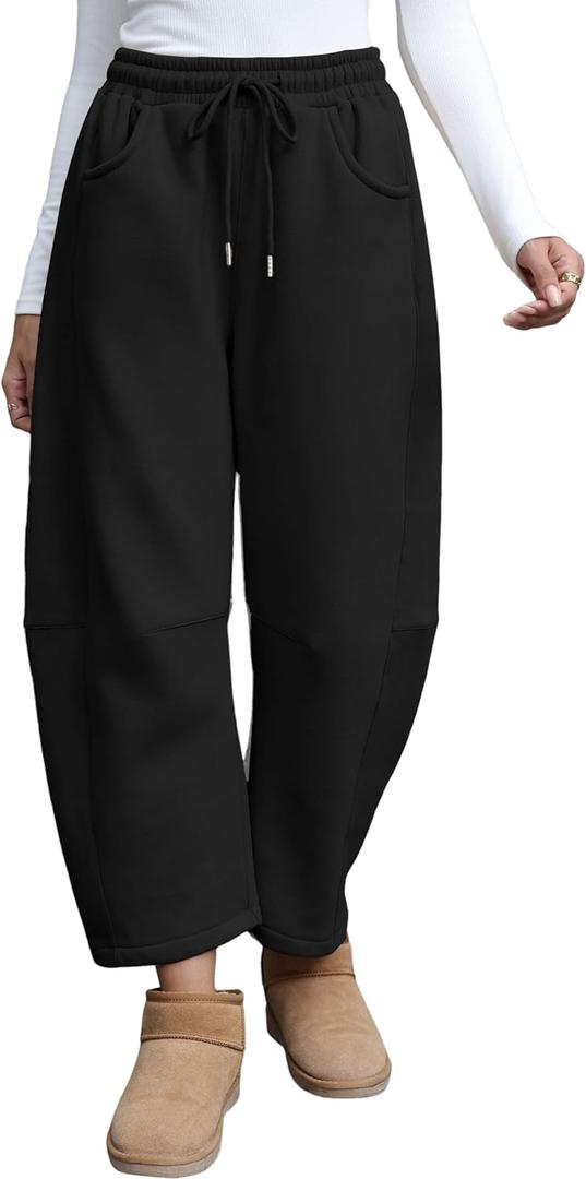 Yeokou Womens Fleece Lined Sweatpants Barrel Leg High Waist Winter Joggers Cozy Home Travel Lounge Pants with Pockets (Large, Black)