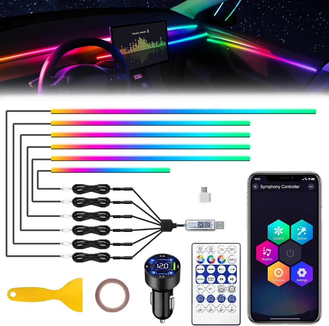 Dreamcolor Acrylic Interior Car LED Strip Light with USB/Type C/4-Port Cigarette Lighter,RGB 6 in 1 with 187 inches 650 LEDs Ambient Lighting Kits, Sound Active Function Neon Led Strips for Car