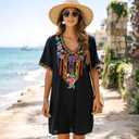 Grosy Women's Embroidered Mexican Peasant Dresses, Plus Size Fiesta Boho Dress for Women, Traditional Floral Bohemian Tunic (Black, XL)