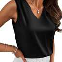 Zeagoo Women's Silk Satin Camisole Tank Tops V Neck Pleated Dressy Casual Sleeveless Blouses Summer Business Work Shirts (Black, S)