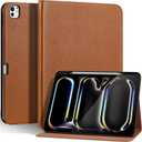 Genuine Leather Case for iPad Pro 13 inch (M5/M4) 2025/2024 with Pencil Holder | Slim Protective Cover with Adjustable Stand, Auto Wake/Sleep, Premium Leather | Brown