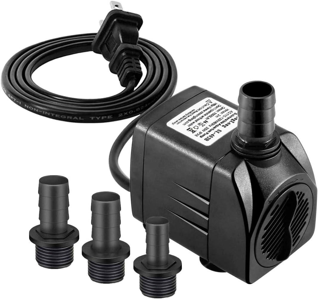 Submersible Pump 400GPH (1500L 25W) Ultra Quiet with Dry Burning Protection 6.5ft High Lift for Fountains, Hydroponics, Ponds, Aquariums & More