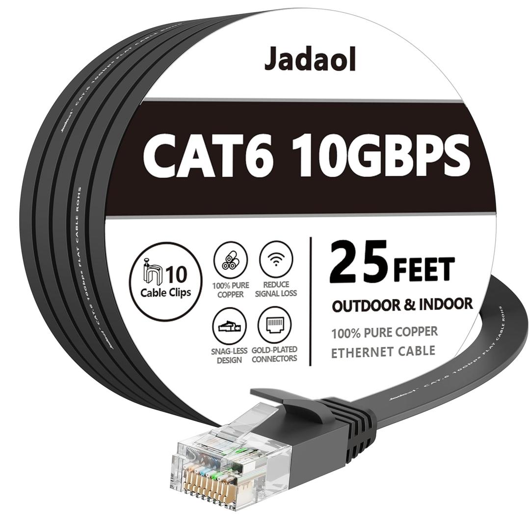 Jadaol Cat 6 Ethernet Cable 25 ft, 10Gbps Support Cat8 Cat7 Network, Flat RJ45 LAN Patch Cable, High-Speed Wired Internet Cable for Router, Modem, Switch, Gaming Consoles, PC, Streaming Devices, White