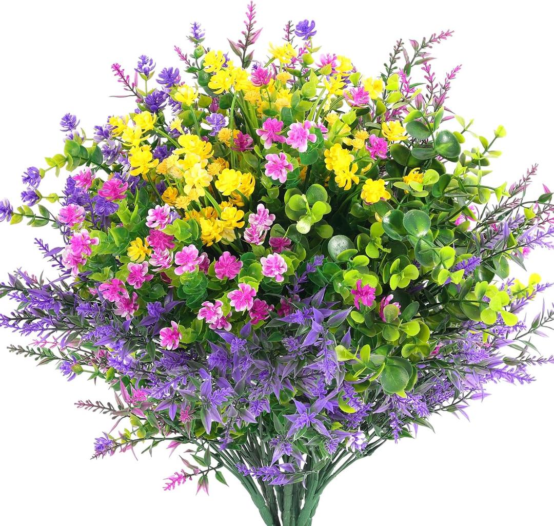 Hananona 12 Pcs Artificial Flowers Outdoor, Faux Artificial Plants UV Resistant Plastic Flower Bulk for Hanging Planter Porch Window Home Wedding Fall Summer Decor (12, Fuchsia, Purple, Yellow, Green)
