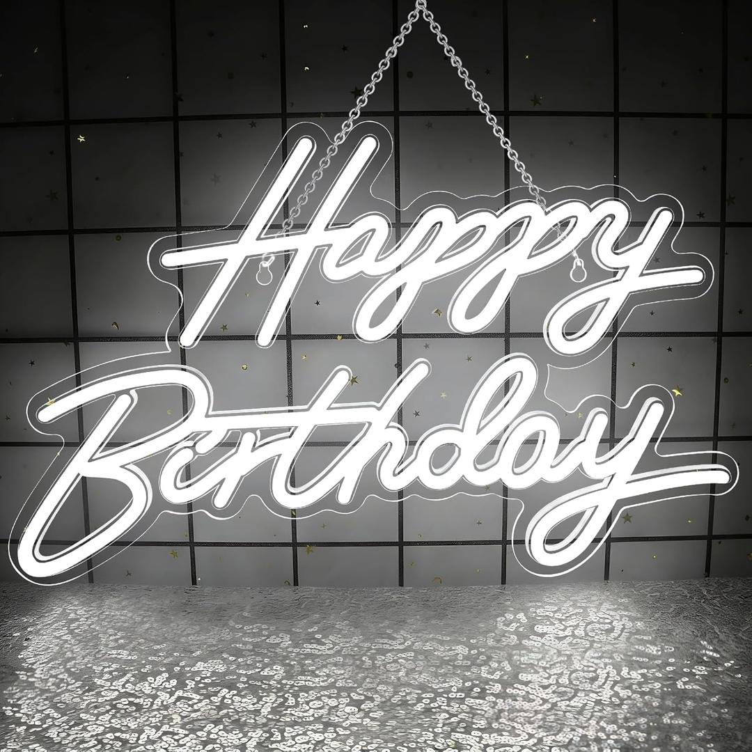 Happy Birthday Neon Sign for Wall Decor, Dimmable LED Birthday Neon Light for Wall Decor Light Up Happy Birthday Led Signs for Backdrop Birthday Any Ages Bday Celebration Decoration, White