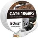 Cat 6 Outdoor Ethernet Cable 50 ft, Support Cat8/7 Network, 10Gbps 550MHz, 24AWG Pure Copper, Direct Burial Waterproof In-Ground UV Resistant LAN Internet Patch Cable for Router, Modem, Switch, White