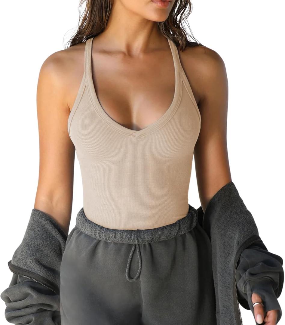 GTEUKTG Women's Spaghetti Strap Scoop Neck Tank Top Racerback Slim Fitted Ribbed Camisole Solid Basic Workout Crop Cami (XL)