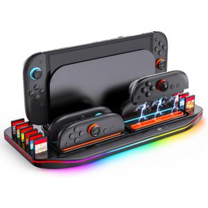 WeChip Multifunctional Charging Station for Switch 2-4 Joypad Controller Charger with LED Indicators, 9 RGB Light Effects, 12 Game Card Slots Desktop Organizer