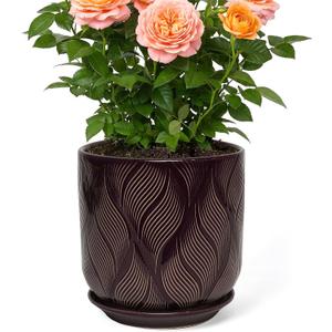 7.2 Inch Modern Ceramic Glaze Plant Pot with Drainage Hole,Mesh Net,Saucer,Indoor Outdoor Planter(Leaf-Dark Purple)