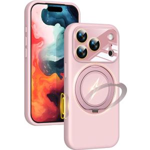 Silicone 360 Spin Magnetic Stand Case for iPhone 17 Pro Max, [Compatible with Mag-Safe][Reinforced Hard Camera Protection] Liquid Silicone Rubber Phone Cover with Ring, Camera Button, Pink