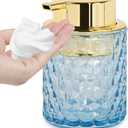 Blue Glass Foaming Soap Dispenser, Bathroom Refillable 10 Oz Foam Hand Soap Dispenser, Vintage Lotion Shampoo Container Gold Large Pump Bottle for Bathroom Countertop and Kitchen Decor