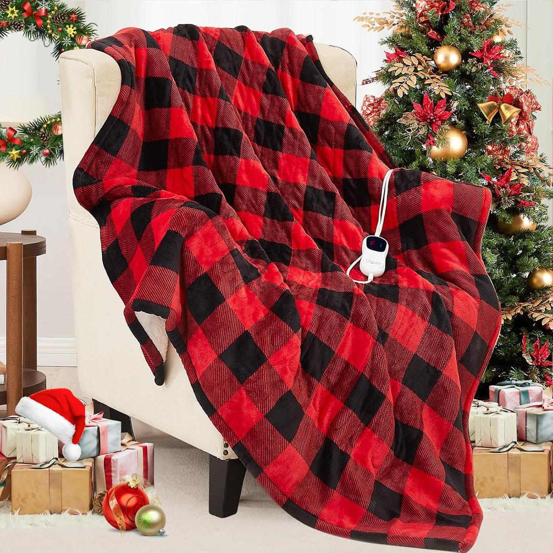 Homemate Electric Blanket Heated Throw - 50x60 Ultra Soft Cozy Flannel Heating Blanket with 10 Fast Heat Levels 8 Hours Auto Off Over-Heated Protection ETL Certification Keep Warm in Home Office (Red-black)