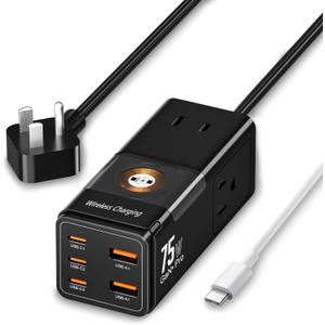 USB C Charger, 75W PD GaN3 Wall Rapid Charger Extension Cord with 3 U.S. AC Outlets and 1 Watch Wireless Charger, 2 USB-A Ports and 3 USB-C Ports, 9-in-1 Adapter for Office, Bedroom and Home