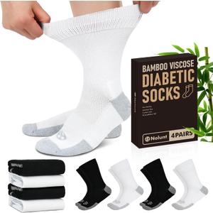 NOLUNT Diabetic Socks for Men, 4 Pairs Crew Diabetic Neuropathy Socks for Men 9-12 10-13 13-15(Black+White-Large)