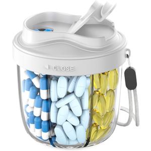 Cute Pill Organizer,Pill Dispenser with 7 Large Compartments,Portable Pill Bottle Box with Wide Opening for Easy Use, Anti-Mix Pills Organizer for Travel,Includes 20 Pcs Sticky Labels (Gray)