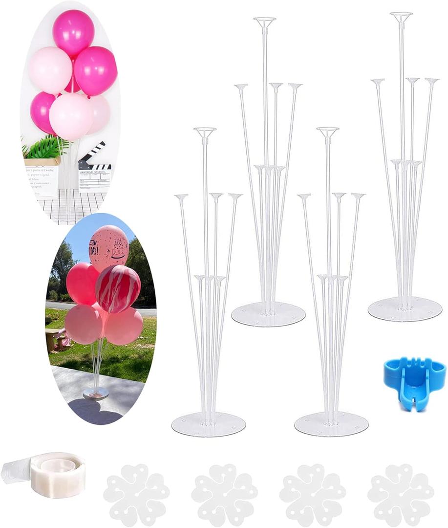 4 Sets of Balloon Stand Kits 28'' balloon arch kit with base, Reusable Clear Balloon Column Stand kit for Table, Including Glue, Tie Tool, Flower Clips, for Home Outdoors Birthday Wedding Party