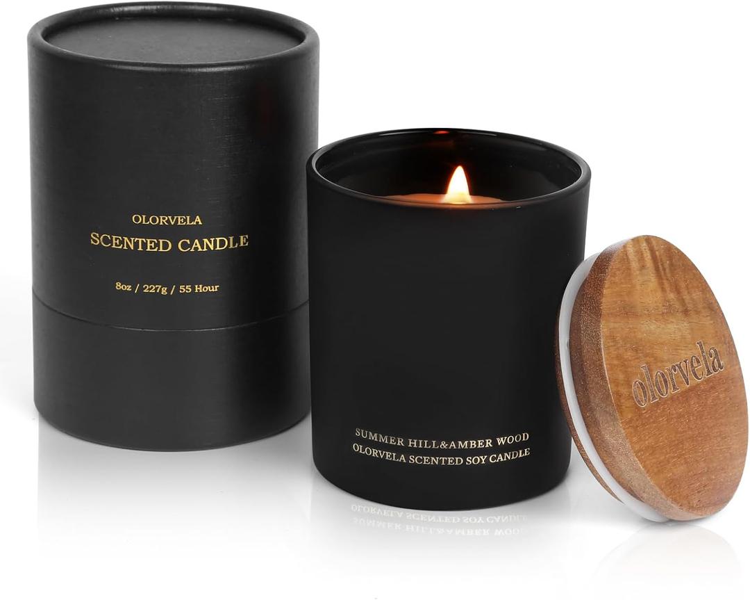 2 x Scented Candles for Men, 8oz Candle for Home Scented, 50-Hour Burn Time Long-Lasting Aroma, Aromatherapy Gifts for Men (Summer Hill & Amber Wood, Wood Wicked)