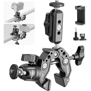 NEEWER Super Clamp with 3" Dual Ballhead Magic Arm, Ball Head Adapter, Cold Shoe, Phone Holder, Action Camera Clamp Mount for Flat/Round Surface Compatible with GoPro DJI iPhone 15 Pro Max, ST85