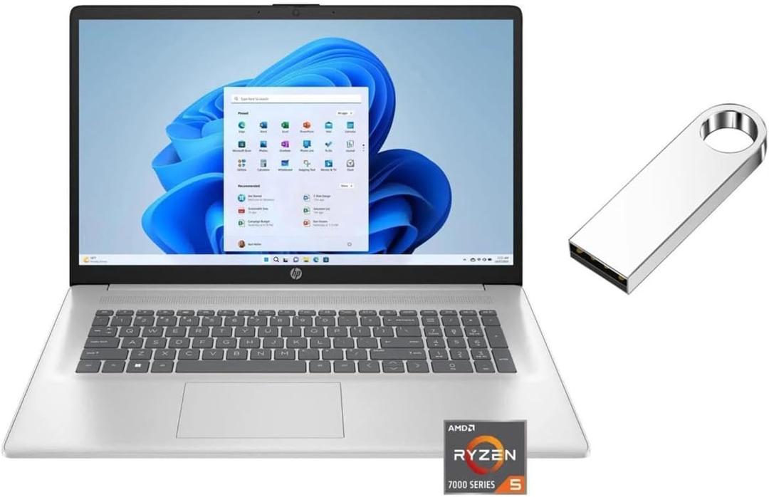 HP 17.3 inch 1920 x 1080 (Full HD) Laptop | AMD Ryzen 5 7430U(Beat i7-1255U) | AMD Radeon Graphics | HDMI|Silver| 16GB RAM | 512GB SSD | Windows 11 S | Bundle with 64GB USB Flash Drive