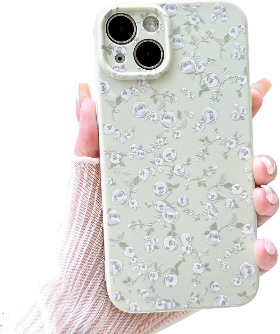 NITITOP Compatible with iPhone 13 Case Cute Flower for Women Girls Floral Rose Design Vintage Shockproof Soft Girly Slim TPU Fashion Protective Phone Cover - Green