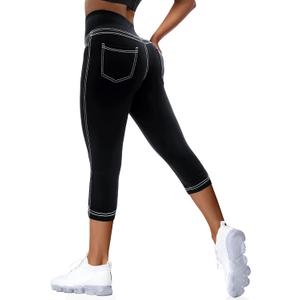 VOOVEEYA Curvy Womens Leggings, High Waisted Yoga Pants with Back Pockets, Tummy Control - Buttery Soft - Stretchy (X-Large, Capri Black)
