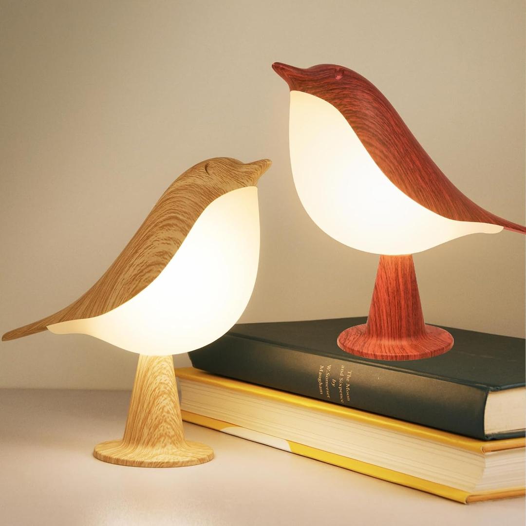 2 Cute Bird Lamps Combo,Small Bedside Lamps with 3 Color Temperature and Adjustable Brightness,Rechargeable Cordless Lamp for Bedroom Nightstand Bedside Table (Wood Tone + Red)