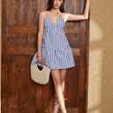 SOLY HUX Women's Striped Cami Dress V Neck Spaghetti Strap Ruffle Hem Short Summer Dresses (S)