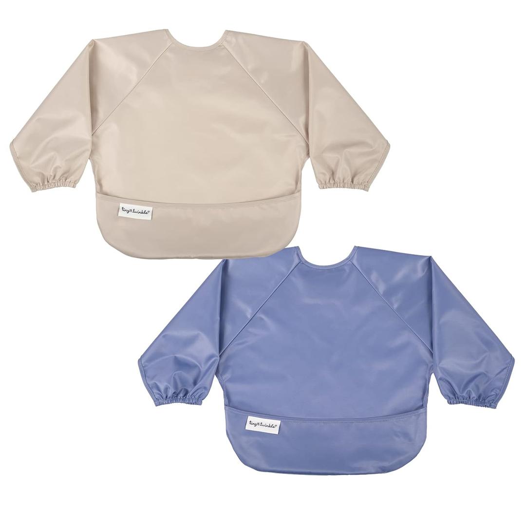 Tiny Twinkle Long Sleeve Bib for Babies & Toddlers | 2-Pack Waterproof Smock Bib for Eating | Machine Washable & Mess-Proof Feeding Essentials | Newborn Shower Gift (Periwinkle Putty,624M)
