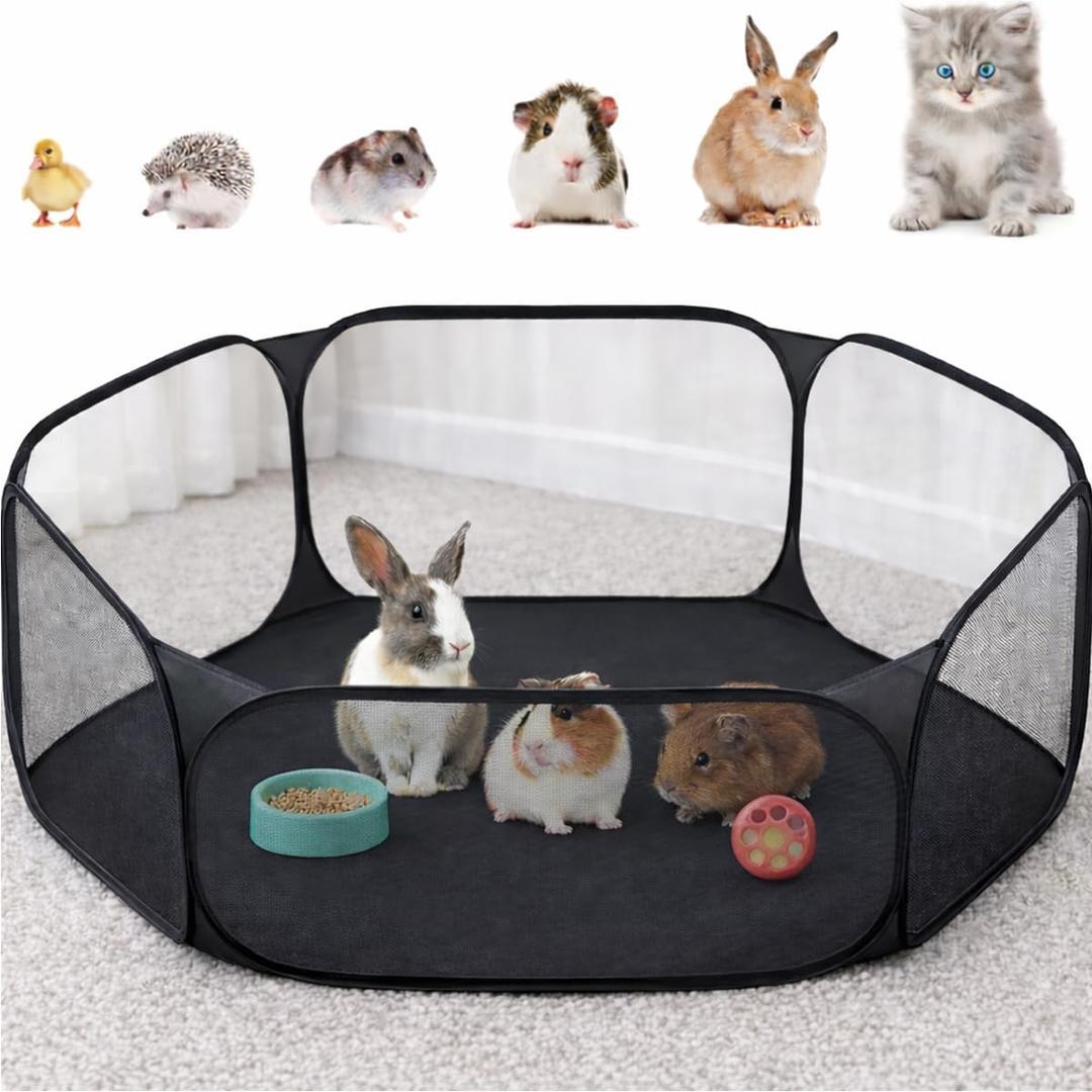 Amakunft Small Animal Playpen, Pop-Up Portable Play Yard for Guinea Pigs, Rabbits, Hamsters, Hedgehogs, Foldable Exercise Fence with Breathable Mesh for Indoor Outdoor Use (Black)