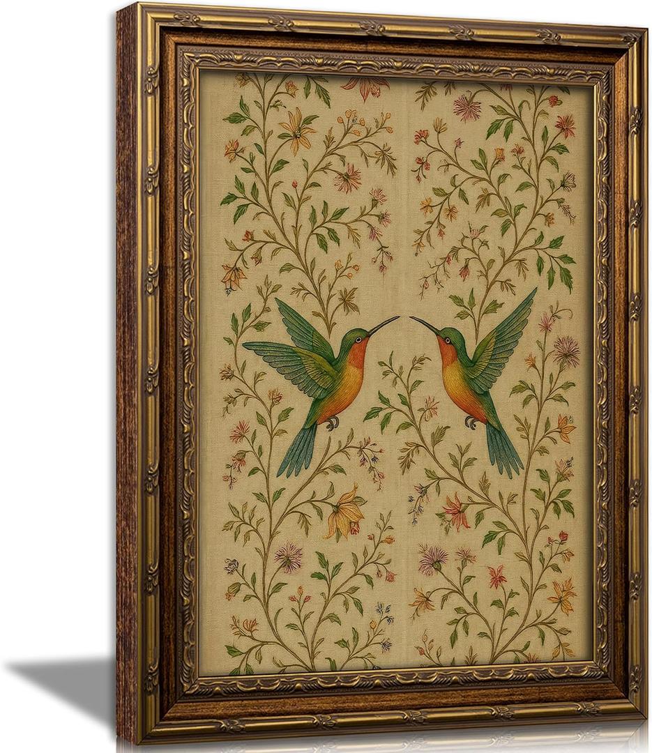 RLZIEWPT Vintage Gold Framed Bird Wall Art,Retro Cottagecore Hummingbird and Wildflower Picture Wall Decor,Folk Art Farmhouse Poster, for Living Room Bedroom 9X11in