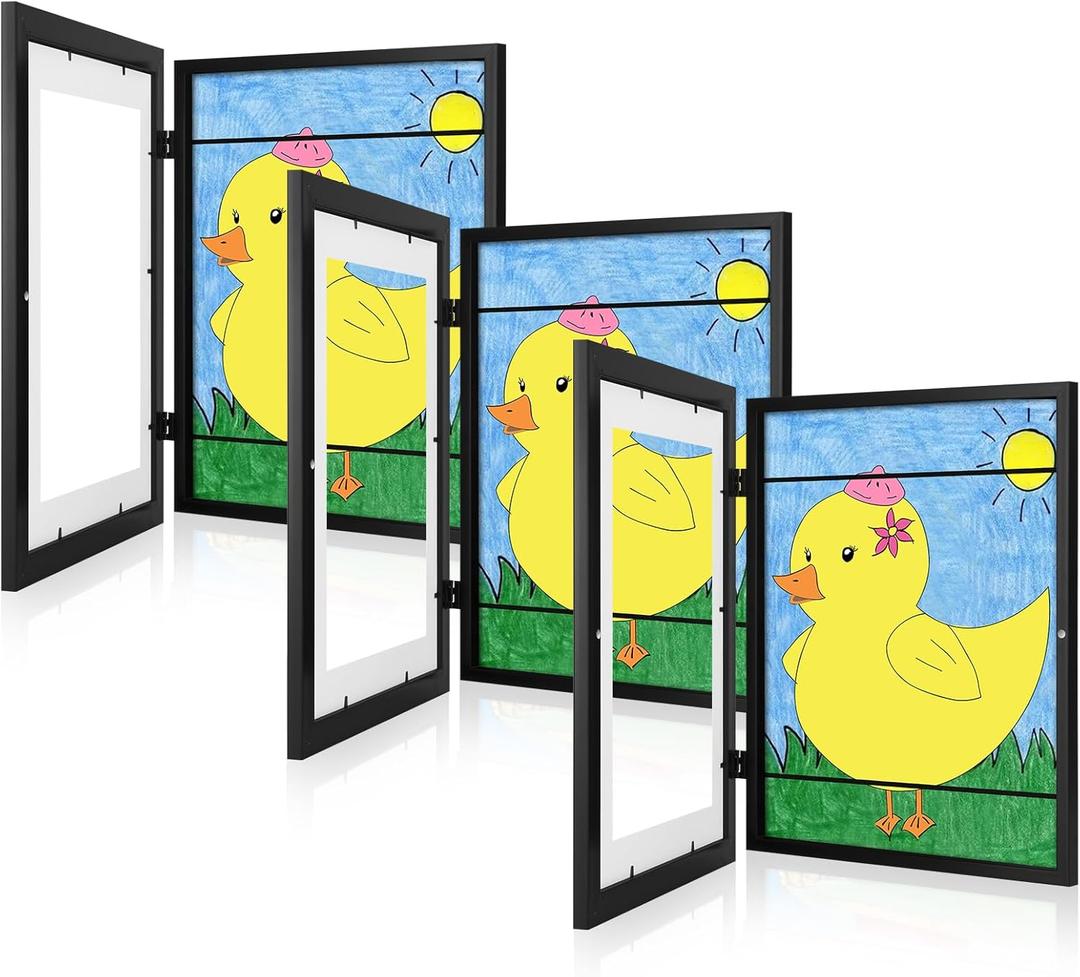 [3 Pack] Kids Art Frames, 10x12.5 Front Opening Kids Artwork Frames Changeable, Displays 8.5x11 With Mat and 10x12.5 Without Mat, Holds 50 Pcs, for 3D Picture, Crafts, Children Drawing, Hanging Art, Portfolio Storage (Black)