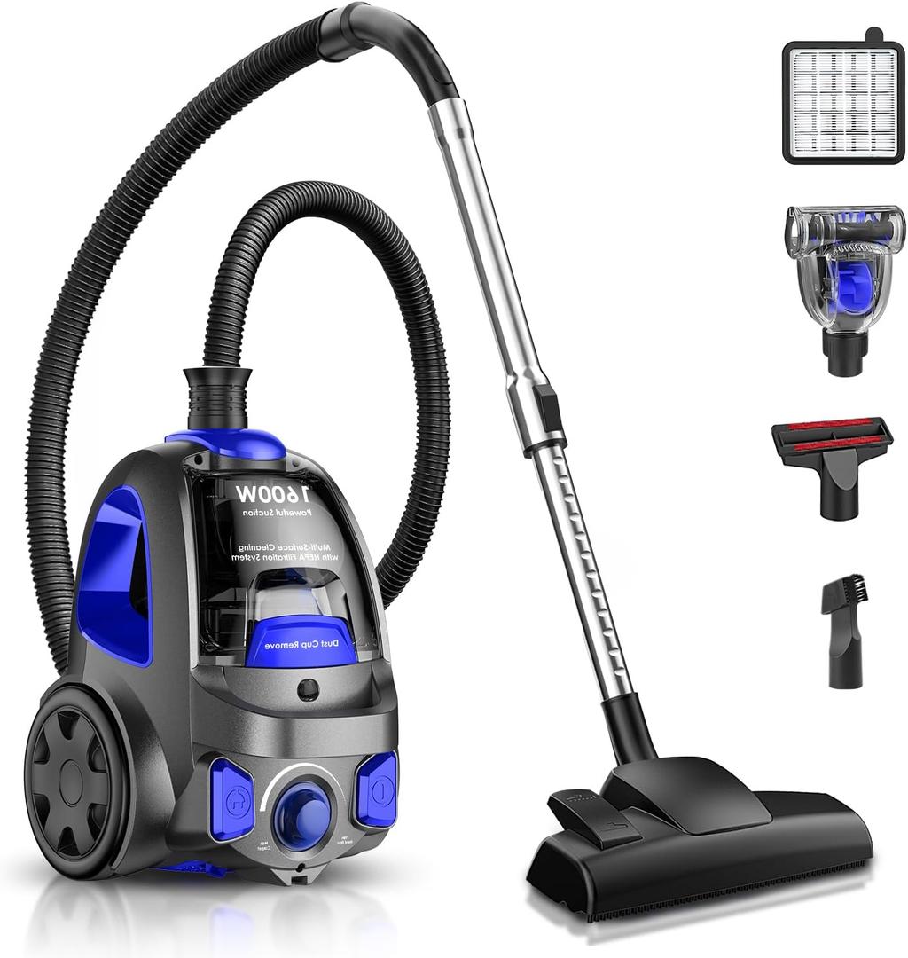 Canister Vacuum Cleaner, 32Kpa 1600W Bagless Vacuum Cleaner, Dust Full Indicator, H13 HEPA Filter, 3.7Qt Large Capacity, Lightweight Vac for Hard Floors, Carpet, Pet, Upholstery, Blue