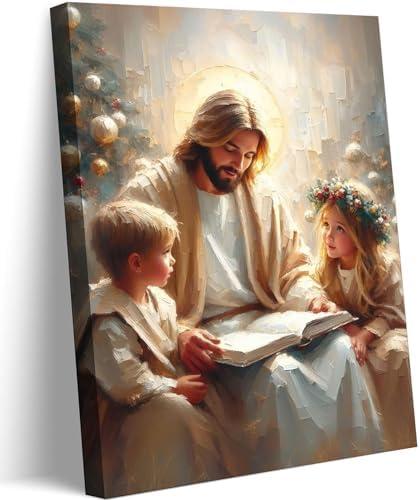 Jesus With Children Canvas Wall Art Jesus Garden Teaching Children Wall Decor Pictures Christian Kids Room Poster Print for Boy Girl Bedroom Church Decorations Ready To Hang