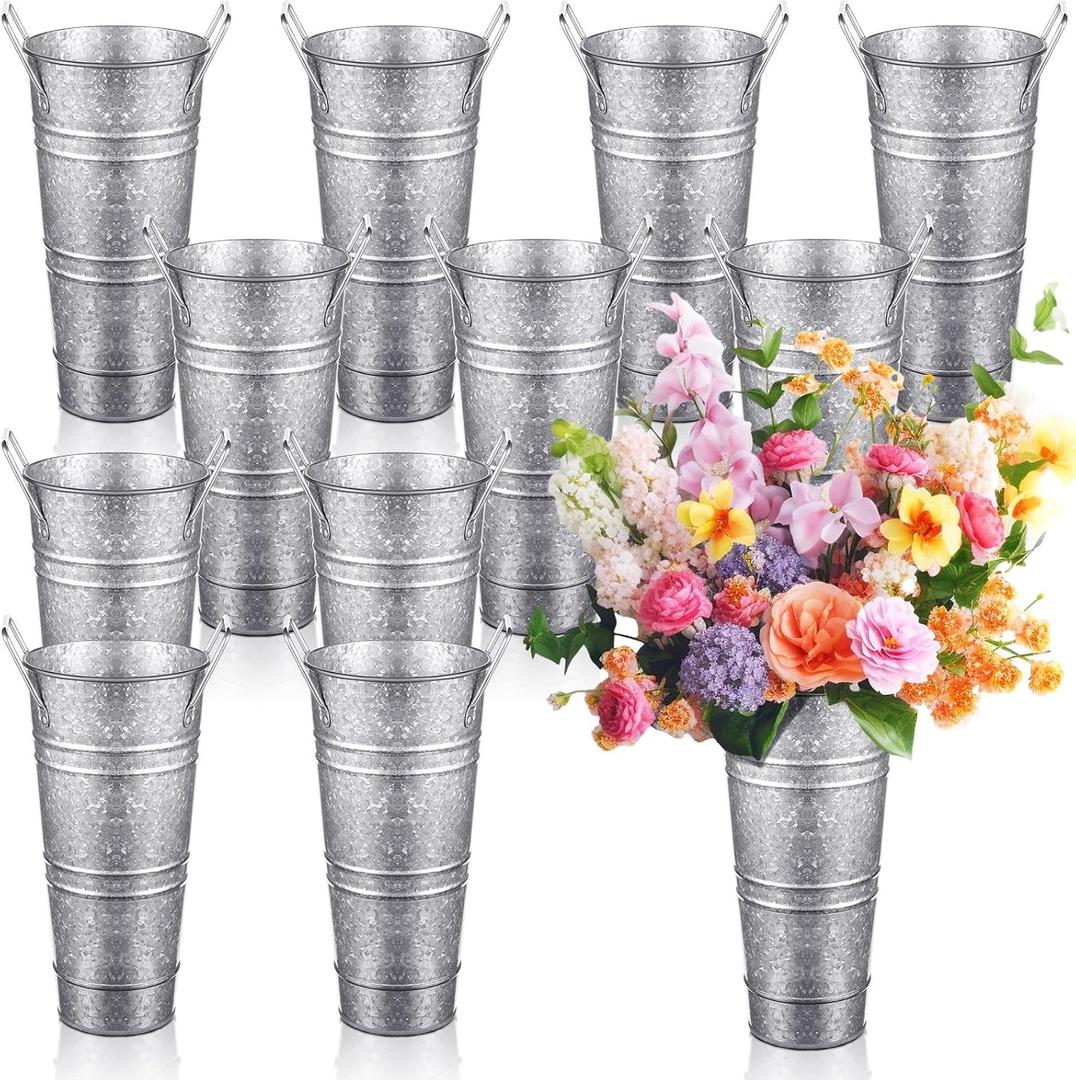 3 x Zhehao 12 PCS 12 Inch Galvanized Metal Vase with Handles Bulk Tin Flower Buckets Galvanized Vases for Flowers Country Wedding Table Centerpieces Metal Flower Buckets for Wedding Home(Matte Silver)