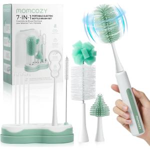 Momcozy Electric Baby Bottle Brush Set with Drying Rack, 7-in-1 Powered Bottle Cleaner & Formula Mixer, Portable Newborn Essentials for Pump Parts & Travel, Light Green