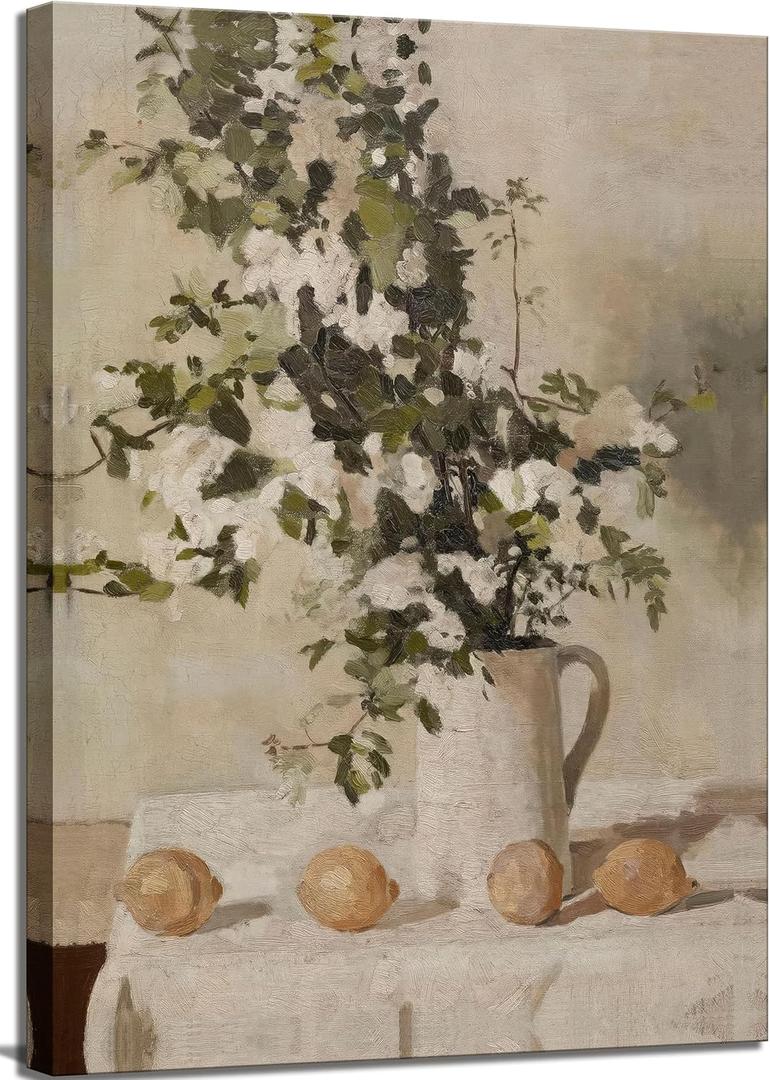 Farmhouse Kitchen Canvas Wall Art Vintage Country Neutral Rustic Muted Flower and Lemon Still Life Painting Picture Wall Decor Poster Print Artwork for Farm Dining Room Home Decoration (24L" x 16W")