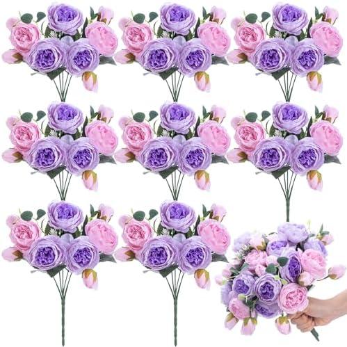 Yunsailing 8 Pack Artificial Peony Flowers Faux Silk Hydrangea Bouquet Wedding Home Table Decor Reusable Bouquet of Rose Flower for Birthday Wedding(Pink Purple)