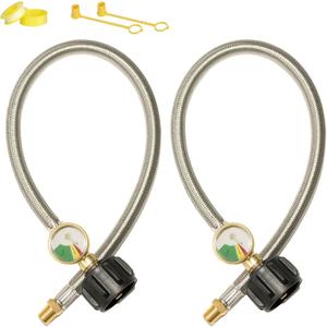 15 Inch RV Propane Hose Replacement with Gauge, 2 Pack - Stainless Steel Braided Hose for RV Two-Stage Regulator - 1/4" Male NPT & QCC1 Inlet, 350PSI