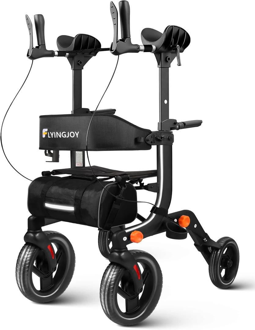 Lightweight Upright Rollator Walker All-Terrain Foldable with seat and Adjustable Height backrest, 300 lbs Capacity, 10" Front & 8" Rear Wheels for Seniors, Adults, bariatric, Includes Cane Holders