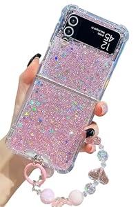 KERZZIL Cute Lanyard Compatible with Samsung Galaxy Z Flip 5 Case, Bling Glitter Powder Soft TPU Mil-Grade Shockproof Protective Cases Cover for Girls Women(Pink, Flip 5)
