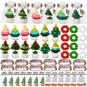 Tegeme 72 Pcs Christmas Gift Set 12 Crochet Christmas Tree Doll with Positive Card 24 Beaded Bracelets 12 Scrunchies with Bags Inspiring Emotional Gift for Women Teacher Employee Coworker Xmas Present