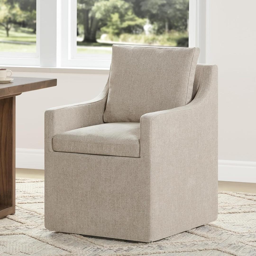 KISLOT Upholstered Dining Chairs Set of 1, Washable Cover Modren Deskchair with 4 Casters & Hidden Storage for Dining Room, Living Room, Home Office, Sand, 1 Box