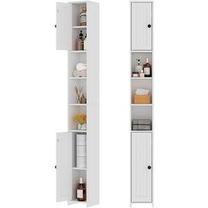 RRX Tall Slim Bathroom Storage Cabinet,7.87''L*7.87''W*67''H (Milky White) | Adjustable Shelves with 2 Doors, Narrow Cabinet with Anti-Tip for Toilet Paper Corner, Small Spaces, Kitchen, Bathroom